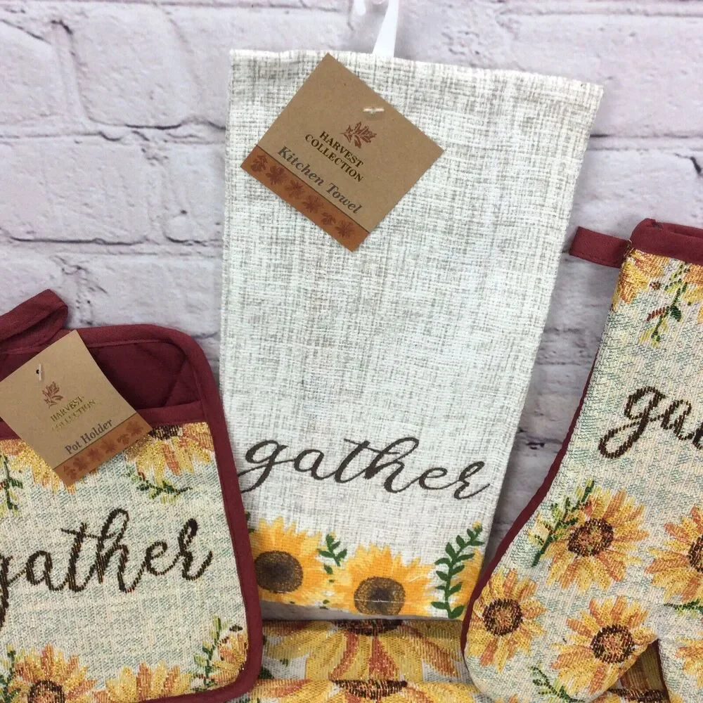 Sunflower 7Pc Kitchen Set (4)Tapestry Placemats/Dish Towel/Oven Mitt/Pot Holder